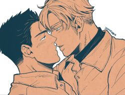 Rule 34 | 2boys, ao isami, bara, black hair, blonde hair, brown theme, commentary request, couple, facial hair, from side, highres, imminent kiss, lewis smith, male focus, monochrome, multiple boys, parted lips, rovinneyokosuka, seductive smile, sideburns stubble, simple background, smile, stubble, thick eyebrows, white background, yaoi, yuuki bakuhatsu bang bravern