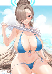 Rule 34 | 1girl, absurdres, asuna (blue archive), bare shoulders, bikini, blue archive, blue bikini, blue eyes, blue sky, blush, breasts, cleavage, clothes lift, collarbone, comichipota, grin, hair bun, hair over one eye, halo, highres, large breasts, light brown hair, long hair, looking at viewer, navel, shirt lift, single hair bun, sky, smile, solo, swimsuit, thighs, wet