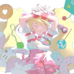Rule 34 | 1girl, arms up, blonde hair, candy, choker, colored eyelashes, cure peach, doughnut, earrings, ffgghhjj, food, fresh precure!, frilled sleeves, frills, hair ornament, hands up, heart, heart earrings, holding, holding wand, jewelry, lollipop, long hair, momozono love, pink eyes, precure, puffy sleeves, red choker, ribbon, smile, stuffed animal, stuffed rabbit, stuffed toy, twintails, wand