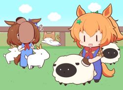 Rule 34 | 2girls, animal ears, animal on face, bandana, blonde hair, blue overalls, blue ribbon, blush stickers, bokujou monogatari, bow, brown hair, chibi, cloud, commentary request, ear ribbon, artistic error, fence, flying sweatdrops, goat, gomashio (goma feet), hair between eyes, hair ornament, horse ears, horse girl, horse tail, jumping, meisho doto (umamusume), meto (cat), multiple girls, on grass, outdoors, overalls, partial commentary, ponytail, red bandana, ribbon, sheep, sleeves rolled up, star (symbol), star hair ornament, taiki shuttle (umamusume), tail, tanuki, umamusume, wooden fence, | |