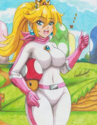Rule 34 | 1girl, 2023, absurdres, artist name, blonde hair, blue eyes, breasts, covered navel, hand on own hip, highres, large breasts, legs, looking at viewer, mario (series), mario kart, mario kart wii, nintendo, open mouth, ponytail, princess, princess peach, ravernclouk design, smile, solo, super mushroom, thick thighs, thighs, thumbs up, traditional media