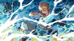 Rule 34 | 1boy, blue tunic, fingerless gloves, gauntlets, gloves, iketsumi, light brown hair, link, nintendo, partially submerged, pointy ears, sidelocks, solo, sword, the legend of zelda, the legend of zelda: breath of the wild, water, weapon, wet