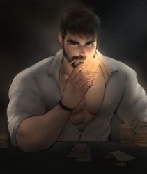 Rule 34 | 1boy, bara, beard, card, chips (food), cigarette, dopey (dopq), facial hair, food, glowing, highres, holding, holding card, large pectorals, looking at viewer, male focus, mature male, muscular, muscular male, mustache, original, partially unbuttoned, pectoral cleavage, pectorals, shirt, short hair, solo, thick eyebrows, upper body, white shirt