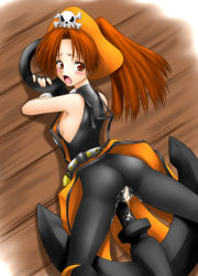Rule 34 | 1girl, akanako, anchor, arc system works, ass, bare shoulders, belt, blush, bodysuit, breasts, censored, cum, fingerless gloves, from behind, gloves, guilty gear, hat, long hair, looking back, may (guilty gear), open mouth, orange hair, pantyhose, pirate, pirate hat, red eyes, sideboob, skull and crossbones, small breasts