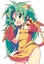 Rule 34 | 1girl, animal ears, animal hands, boomerang, cat girl, cham cham, dress, fang, female focus, flat chest, gloves, green eyes, green hair, highres, long hair, messy hair, open mouth, paw gloves, roku no hito, samurai spirits, simple background, solo, tiger ears, v, white background