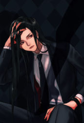 Rule 34 | 1boy, argyle, argyle background, argyle clothes, arm up, black hair, black jacket, black nails, black necktie, black pants, closed mouth, collared shirt, commentary, danganronpa (series), danganronpa 2: goodbye despair, formal, frown, grey shirt, hand in own hair, jacket, kamukura izuru, long hair, long sleeves, looking at viewer, male focus, nail polish, necktie, pants, red eyes, red jacket, rei (tdn ng), shirt, sideways glance, solo, two-sided fabric, two-sided jacket, very long hair, watch, wristwatch
