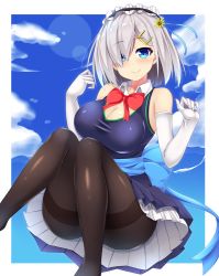 Rule 34 | 10s, 1girl, bare shoulders, black pantyhose, blue bow, blue eyes, blue sky, bow, bowtie, breasts, cleavage, closed mouth, day, detached collar, dress, elbow gloves, flower, frilled dress, frills, gloves, hair flower, hair ornament, hair over one eye, hairclip, hamakaze (kancolle), jumping, kantai collection, large breasts, lens flare, looking at viewer, maid headdress, pantyhose, purple dress, red bow, red bowtie, sash, sky, sleeveless, sleeveless dress, smile, solo, sunflower, sunflower hair ornament, thighband pantyhose, thighs, white gloves, yahiro (anhnw)