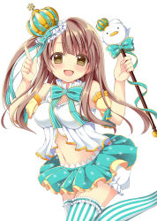 Rule 34 | 10s, 1girl, :d, brown eyes, brown hair, crown, detached sleeves, frilled skirt, frills, holding, idol, index finger raised, long hair, looking at viewer, love live!, love live! school idol festival, love live! school idol project, minami kotori, mini crown, navel, open mouth, patterned legwear, riria (happy strawberry), simple background, skirt, smile, solo, standing, standing on one leg, striped clothes, striped thighhighs, thighhighs, vertical stripes, wand, white background, zettai ryouiki