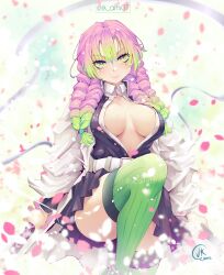 Rule 34 | 1girl, arms at sides, artist logo, artist name, belt, black jacket, black skirt, blurry, blurry background, braid, breasts, cleavage, closed mouth, dot nose, eyebrows, eyelashes, female focus, green eyes, green hair, green thighhighs, heart, heart-shaped pupils, holding, holding sword, holding weapon, jacket, jk arts, kanroji mitsuri, kimetsu no yaiba, knee up, looking at viewer, mole, mole under eye, multicolored hair, open clothes, open jacket, open shirt, petals, pink hair, shirt, skirt, smile, solo, standing, standing on one leg, sword, symbol-shaped pupils, thighhighs, thighs, twin braids, two-tone hair, watermark, weapon, white belt, white haori, white shirt