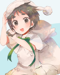 Rule 34 | 10s, 1girl, black eyes, black hair, capelet, christmas, double-breasted, green ribbon, hat, itomugi-kun, kantai collection, maru-yu (kancolle), open mouth, pom pom (clothes), ribbon, santa hat, short hair, smile, solo