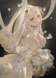 Rule 34 | 1girl, albino, bouquet, breasts, bridal veil, bride, bug, chowbie, cleavage, closed mouth, cowboy shot, dark background, detached collar, dress, elbow gloves, flower, gloves, highres, holding, holding bouquet, insect, large breasts, leotard, long hair, looking at viewer, moth, original, red eyes, solo, strapless, strapless leotard, veil, waist cape, wedding dress, white gloves, white hair, white leotard