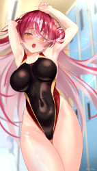 Rule 34 | 1girl, black one-piece swimsuit, breasts, commentary request, competition swimsuit, covered navel, cowboy shot, gluteal fold, hair bun, highleg, highleg swimsuit, highres, hololive, houshou marine, indoors, locker, locker room, long hair, looking at viewer, medium breasts, mizuno kurage, multicolored clothes, multicolored swimsuit, one-piece swimsuit, open mouth, red hair, solo, swimsuit, thigh gap, virtual youtuber, yellow eyes