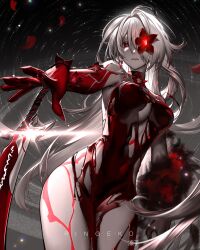 Rule 34 | 1girl, absurdres, acheron (honkai: star rail), blood, blood censor, blood on breasts, blood on chest, body markings, breasts, colored extremities, flower, hair over one eye, highres, honkai: star rail, honkai (series), long hair, looking at viewer, official alternate color, official alternate eye color, official alternate hair color, pale skin, red eyes, red hands, ringeko-chan, solo, very long hair, white hair