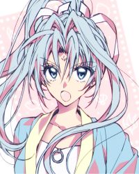 Rule 34 | 1girl, :o, blue eyes, blue hair, colored eyelashes, commentary, commentary request, facial mark, forehead mark, hair between eyes, hair ribbon, high ponytail, highres, long hair, looking at viewer, official art, ribbon, solo, souba mizuno, tanemura arina, time stranger kyoko, upper body, white ribbon