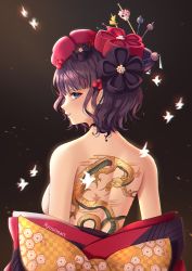 Rule 34 | 1girl, absurdres, back, back tattoo, blue eyes, blush, breasts, fate/grand order, fate (series), hair ornament, highres, irezumi, katsushika hokusai (fate), large breasts, looking at viewer, off shoulder, purple hair, ryuuneart, short hair, smile, tattoo