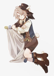 Rule 34 | 1boy, aged down, ahoge, animal ears, black socks, boots, brown footwear, child, cosplay, easter egg, egg, fake animal ears, fake tail, grey eyes, hat, highres, light brown hair, long sleeves, looking at viewer, male focus, mini hat, shirt, short hair, shuuen no virche, socks, solo, tail, w047, white rabbit (alice in wonderland), white rabbit (alice in wonderland) (cosplay), white shirt, yves (shuuen no virche)