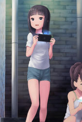 Rule 34 | 2girls, black eyes, black hair, blue shorts, brown hair, camisole, child, commentary request, game console, handheld game console, head out of frame, highres, holding, holding handheld game console, legs, long hair, multiple girls, nintendo switch, open mouth, original, outdoors, playing games, ponytail, qm, shirt, short shorts, short sleeves, shorts, squatting, thighs, white camisole, white shirt