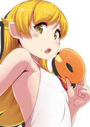 Rule 34 | 1girl, :o, backless outfit, blonde hair, blush stickers, commentary request, doughnut, fang, food, long hair, looking at viewer, monogatari (series), murata isshin, oshino shinobu, simple background, solo, upper body, white background, yellow eyes