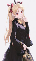 Rule 34 | 1girl, birdcage, black dress, cage, chain, cowboy shot, dress, earrings, ereshkigal (fate), ereshkigal (third ascension) (fate), fate/grand order, fate (series), from side, grey background, hair ribbon, hand on own chin, hiera12, holding, jewelry, long hair, long sleeves, looking at viewer, looking to the side, parted bangs, parted lips, red eyes, red ribbon, ribbon, simple background, skull, sleeves past wrists, smile, solo, tiara, two side up, very long hair