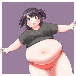 Rule 34 | 1girl, belly, big belly, black hair, blush, breasts, clothes writing, fat, highres, ichigoneko, low twintails, medium breasts, multicolored hair, obese, original, panties, purple eyes, purple hair, purple theme, red panties, solo, thick thighs, thighs, twintails, underwear
