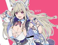 Rule 34 | 1girl, :d, animal ear fluff, animal ears, bell, blonde hair, braid, breasts, cleavage, commentary request, copyright request, dated, fangs, fingernails, jingle bell, kichihachi, large breasts, long hair, looking at viewer, maid headdress, open mouth, red background, red eyes, simple background, smile, solo, twitter username, two-tone background, virtual youtuber, white background, wrist cuffs