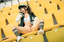 Rule 34 | 1girl, arena, asian, baseball bat, baseball cap, black hair, bra, breasts, chair, chinese (nationality), chunmomo0127, cleavage, fellatio gesture, frontal wedgie, green baseball cap, green jacket, green socks, half-closed eyes, hat, jacket, medium breasts, navel, outdoors, oversized clothes, oversized jacket, panties, panty pull, photo (medium), real life, shoes, sitting, sitting on chair, sneakers, socks, spread legs, stomach, thighs, twintails, unbuttoned, unbuttoned jacket, underwear, wedgie, white bra, white chair, white footwear, white panties, yellow chair