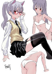 Rule 34 | 1girl, adjusting eyewear, artist name, ass, bespectacled, black neckwear, black thighhighs, blush, bra, breasts, cleavage, collared shirt, commentary request, fkey, glasses, hand on own hip, highres, long sleeves, looking at viewer, medium breasts, midriff, miniskirt, multiple girls, multiple views, navel, necktie, no shoes, original, panties, parted lips, pink-framed eyewear, pleated skirt, ponytail, red eyes, shirt, silver hair, simple background, sitting, sketch, skirt, sweater vest, thighhighs, thighs, underwear, underwear only, vest, white background, white bra, white panties, white shirt, yellow vest, zettai ryouiki