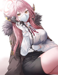 Rule 34 | 1girl, aru (blue archive), black skirt, blue archive, breasts, covered mouth, gloves, highres, horns, large breasts, long hair, looking at viewer, mask, phone, pink hair, shirt, simple background, skirt, white gloves, white shirt, yellow eyes, yuki (asayuki101)