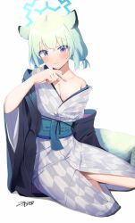 Rule 34 | 1girl, absurdres, akinoji (akiponpon27), animal ears, blue archive, blue halo, blush, breasts, cleavage, closed mouth, collarbone, commentary request, cup, fingernails, green hair, grey kimono, halo, highres, holding, holding cup, japanese clothes, kimono, medium breasts, medium hair, obi, official alternate costume, purple eyes, sash, shigure (blue archive), shigure (hot spring) (blue archive), signature, simple background, smile, solo, tail, weasel ears, weasel tail, white background, wide sleeves