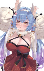 Rule 34 | 1girl, :o, animal ears, arms up, black bow, blue hair, blush, bow, breasts, brown eyes, catura (granblue fantasy), catura (holiday) (granblue fantasy), cleavage, cow ears, cow girl, cow horns, cropped jacket, draph, dress, frilled dress, frills, gradient hair, granblue fantasy, hairband, highres, horns, jacket, large breasts, long hair, multicolored hair, open mouth, purple hair, red dress, sidelocks, simple background, sleeveless, sleeveless dress, solo, very long hair, white background, white hairband, white jacket, wuzhu nis