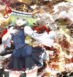 Rule 34 | 1girl, arm ribbon, blue eyes, green hair, hand on own chest, hat, hat ribbon, highres, long sleeves, looking at viewer, mikoma sanagi, open mouth, ribbon, rod of remorse, shiki eiki, shirt, skirt, solo, touhou, vest, wide sleeves