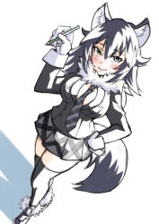 Rule 34 | 10s, 1girl, animal ears, between breasts, black hair, blue eyes, blush, breasts, cleavage, closed mouth, commentary request, dutch angle, full body, fur collar, fur trim, gloves, grey footwear, grey jacket, grey necktie, grey skirt, grey thighhighs, grey wolf (kemono friends), hand on own hip, heterochromia, highres, holding, jacket, kemono friends, large breasts, loafers, long hair, long sleeves, looking at viewer, messy hair, miniskirt, multicolored hair, necktie, pencil, plaid, plaid necktie, plaid neckwear, plaid skirt, pleated skirt, saku (saku1151), shadow, shoes, skirt, smile, solo, standing, tail, thighhighs, two-tone hair, white background, white hair, wolf ears, wolf tail, yellow eyes