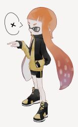 Rule 34 | 1girl, absurdres, bike shorts, black shorts, blunt bangs, grey eyes, hand in pocket, highres, inkling, inkling girl, inkling player character, long hair, long sleeves, nintendo, open mouth, orange hair, pocket, pointy ears, shoes, shorts, shou (mori boro), simple background, single vertical stripe, solo, speech bubble, splatoon (series), spoken x, standing, tentacle hair, v-shaped eyebrows, very long hair, white background