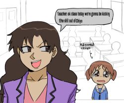 Rule 34 | 2girls, azumanga daiou, blue shirt, brown eyes, brown hair, classroom, commentary, crying, crying with eyes open, english commentary, english text, esibisi, jacket, long hair, mihama chiyo, multiple girls, open mouth, people, purple jacket, sailor collar, school uniform, shirt, short hair, short twintails, smile, speech bubble, tanizaki yukari, tears, twintails, upper body, white sailor collar