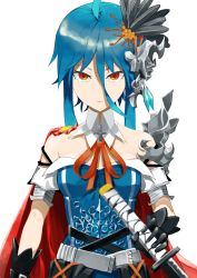 Rule 34 | 1girl, ahoge, alternate costume, alternate hair length, alternate hairstyle, arm cuffs, armor, bare shoulders, black gloves, blue dress, blue hair, breasts, cape, collarbone, cover, cover page, cross, detached collar, diamond (gemstone), dress, flower, gloves, hair between eyes, hair flower, hair ornament, highres, hinanawi tenshi, holding, holding sword, holding weapon, looking at viewer, orange eyes, ribbon, short hair, short hair with long locks, simple background, small breasts, smile, solo, sword, sword hilt, tegami (seka), title, touhou, weapon, white background