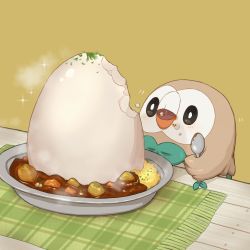 Rule 34 | bird, black eyes, blush, bowl, bright pupils, commentary request, creatures (company), curry, eating, egg (food), food, food on face, game freak, gen 7 pokemon, highres, hiyoko kurabu, holding, holding spoon, nintendo, no humans, open mouth, pokemon, pokemon (creature), rice, rowlet, solo, sparkle, spoon, steam, white pupils