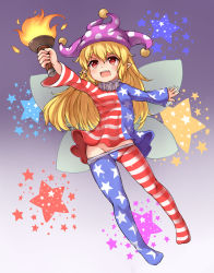 Rule 34 | 1girl, american flag dress, american flag legwear, bad id, bad pixiv id, blonde hair, clothes pull, clownpiece, fire, full body, gradient background, hair between eyes, hat, highres, jester cap, long hair, long sleeves, neck ruff, no panties, open mouth, pantyhose, pantyhose pull, pointy ears, polka dot, print pantyhose, purple background, purple hat, red eyes, solo, star (symbol), star print, striped, teeth, torch, touhou, yangshangshu