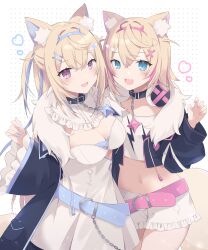 2girls :3 animal_collar animal_ears bandaid bandaid_hair_ornament belt bib_collar black_collar black_jacket blonde_hair blue_belt blue_eyes blue_hairband blue_nails blue_streaks blush breasts center_frills cleavage cleavage_cutout clothing_cutout collar collarbone cropped_jacket cropped_shirt cutout_above_navel detached_collar dog_ears dog_girl dog_tail dress fake_horns frilled_collar frilled_sleeves frills fur-trimmed_jacket fur_trim fuwawa_abyssgard hair_between_eyes hair_intakes hair_ornament hairband hairclip headphones headphones_around_neck heart highres hololive hololive_english horns jacket large_breasts long_hair long_sleeves loveyuzu mococo_abyssgard multicolored_hair multiple_girls pink_belt pink_eyes pink_streaks puffy_sleeves shirt short_dress short_hair short_shorts shorts siblings smile spiked_collar spikes t-shirt tail twins two-tone_hair two_side_up virtual_youtuber white_dress white_shirt white_shorts x_hair_ornament