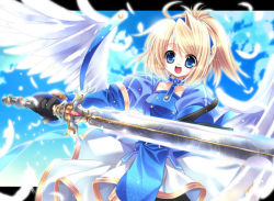 Rule 34 | 1girl, :d, blonde hair, blue eyes, capura lin, feathers, gloves, open mouth, original, short hair, sky, smile, solo, sword, weapon, wings