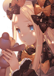 Rule 34 | 1girl, abigail williams (fate), black bow, black dress, black hat, blonde hair, blue eyes, bow, bug, butterfly, crying, crying with eyes open, dress, fate/grand order, fate (series), fingernails, forehead, hair bow, hands up, hat, heart, holding, holding stuffed toy, insect, joenny, long hair, long sleeves, looking away, orange bow, parted bangs, parted lips, polka dot, polka dot bow, simple background, sleeves past wrists, solo, stuffed animal, stuffed toy, tears, teddy bear, very long hair, white background