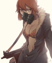 Rule 34 | 1girl, aurahack, backlighting, bra, breasts, brown eyes, brown hair, cleavage, coat, gas mask, gun, h&amp;k mp5, heckler &amp; koch, large breasts, mask, navel, open clothes, open coat, original, signature, solo, submachine gun, underwear, weapon