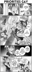 Rule 34 | 3girls, 4koma, anthrax (band), bait and switch, bdsm, black shirt, blush, bondage, bondage cuffs, bound, breasts, cleavage, collar, comic, commentary, deftones (band), dress, earrings, embarrassed, english commentary, english text, femdom, floral print, greyscale, grs-, heart, highres, jewelry, large breasts, leash, light particles, looking at another, medium breasts, monochrome, mother and daughter, multiple girls, nose blush, original, ponytail, poster (object), shirt, shouting, sidelocks, slave, sweatdrop, the white stripes, whip, yuri