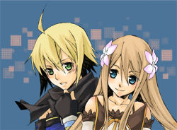 Rule 34 | 00s, 1boy, 1girl, blonde hair, blue background, blue eyes, brown hair, couple, emil castagnier, flower, gloves, green eyes, hetero, long hair, lowres, marta lualdi, scarf, smile, tales of (series), tales of symphonia, tales of symphonia: dawn of the new world