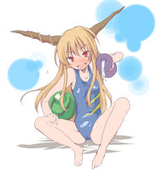 Rule 34 | 1girl, amagase lyle, barefoot, blush, brown hair, competition swimsuit, drunk, feet, female focus, food, fruit, gourd, holding, holding food, holding fruit, horns, ibuki suika, long hair, one-piece swimsuit, red eyes, smile, solo, spread legs, swimsuit, touhou, watermelon