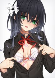 Rule 34 | 1girl, :d, bandaid, black hair, black shirt, blush, bow, breasts, cleavage, collared shirt, commentary request, frilled shirt, frills, green eyes, grey background, hair between eyes, hair bow, head tilt, highres, long hair, long sleeves, looking at viewer, medium breasts, neck ribbon, open clothes, open mouth, open shirt, original, red ribbon, ribbon, shirt, shuutou haruka, simple background, smile, undressing, white background, white bow