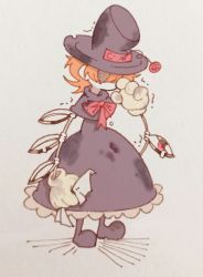 Rule 34 | 1girl, bow, bowtie, dirty, dress, frilled dress, frills, gloves, hat, highres, luxey san, orange hair, peacock (skullgirls), rubbing eyes, shaded face, short hair, skullgirls, solo, standing, tissue, top hat, torn clothes