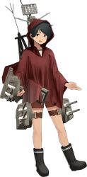 Rule 34 | 10s, 1girl, androgynous, black eyes, black footwear, black hair, blue eyes, blue hair, boots, brown shorts, full body, hood, kantai collection, knee boots, looking at viewer, machinery, matching hair/eyes, mogami (kancolle), official art, open mouth, poncho, radar, radio antenna, raincoat, rubber boots, shibafu (glock23), short hair, shorts, smile, solo, standing, swept bangs, transparent background, turret, white background