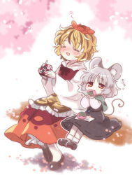 Rule 34 | 2girls, animal ear fluff, animal ears, biyon, black dress, black footwear, black hair, blonde hair, blush, capelet, cherry blossoms, commentary request, dress, eating, closed eyes, food, food in mouth, grey hair, hair ornament, hands up, holding, holding food, jewelry, long sleeves, mouse ears, mouse girl, mouse tail, multicolored hair, multiple girls, nazrin, pendant, petals, red dress, red eyes, sakura mochi, shirt, shoes, short hair, sitting, socks, streaked hair, tail, tiger stripes, toramaru shou, touhou, translation request, two-tone hair, wagashi, white legwear, white shirt, wide sleeves