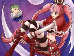 Rule 34 | 1boy, 1girl, bandages, black pants, boots, crown, earrings, flying, ghost, green hair, jewelry, kuraigana island, midriff, one piece, pants, perona, pink hair, red footwear, roronoa zoro, shirt, shoes, short cape, skirt, standing, striped legwear, tongue, tongue out, twintails, white shirt