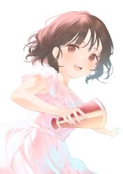 Rule 34 | 1girl, :d, absurdres, blush, brown eyes, brown hair, dress, highres, holding, holding megaphone, looking at viewer, megaphone, nail polish, open mouth, pink dress, real life, short hair, short sleeves, simple background, smile, solo, teeth, usanta, voice actor, white background
